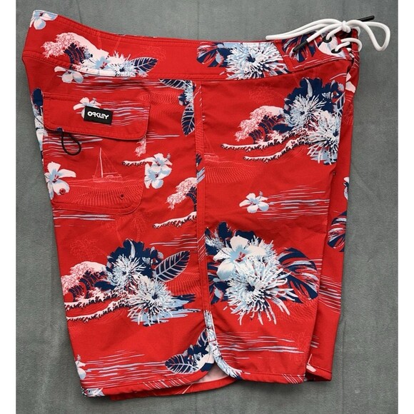 Oakley Tropical Bloom Men's 33 x 7 Swim Board Shorts Red Multicolor Thin Lace Up - Picture 3 of 13